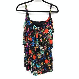 Aquagreen Swimwear Tankini Swimsuit Top Womens Size 16W Black Floral Print NEW
